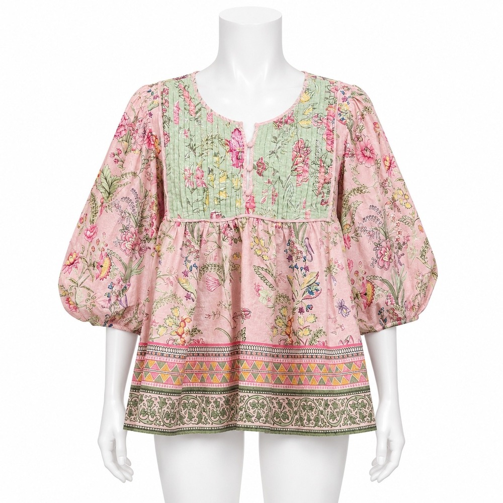 Farmers Market Pink Floral Cotton Pintuck Babydoll Boho Blouse Womens M Puff
